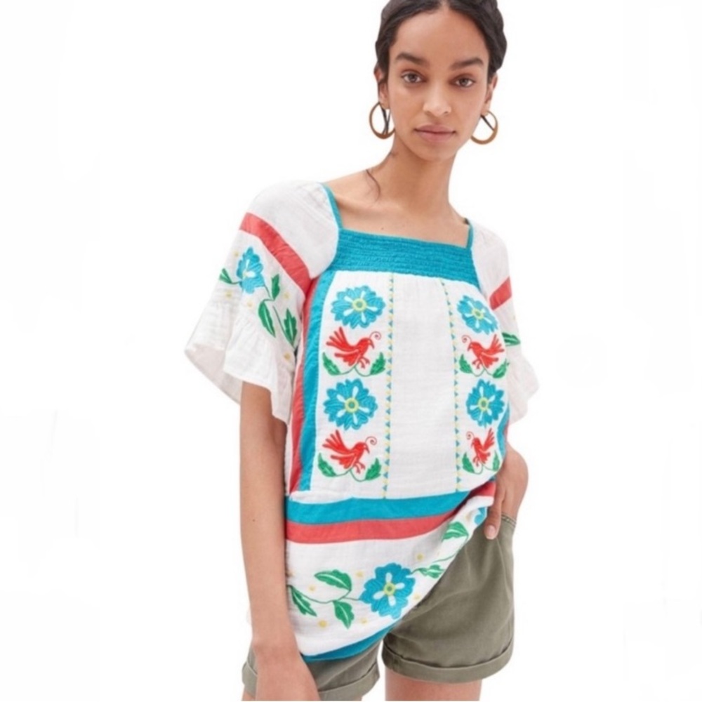 Anthropologie White Embroidered Peasant Blouse with Turquoise & Red Accents